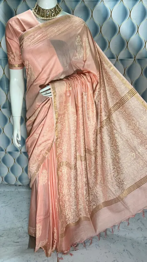 Hand Block Printed Pure Katan Silk Saree – Timeless Artistry in Every Thread